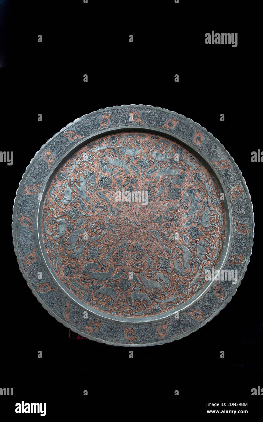 Engraved Iranian Tin on Copper Tray, Made in Esfahan, Iran, 1967-68. Stock Photo