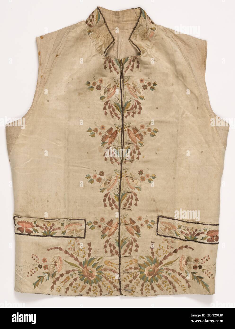 Waistcoat, Medium: silk Technique: satin stitch embroidery on a satin foundation, Man's waistcoat of white satin embroidered in muted tones of dark pink, green and yellow-green. Design of conventionalized flowers and leafy stems., France, 1780–1795, costume & accessories, Waistcoat Stock Photo