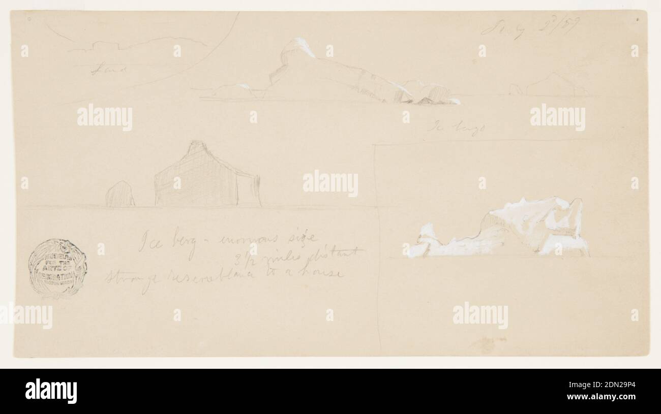 Iceberg with Strange Resemblance to a House, Frederic Edwin Church, American, 1826–1900, Graphite, brush and white gouache on light brown paper, At upper left, sketch of coastline. At upper right, view of an iceberg in the foreground and another in the right background. At lower left, sketch of an iceberg with a resemblance to a house. At lower right, an iceberg, enframed., Newfoundland and Labrador, Canada, July 2, 1859, seascapes, Drawing Stock Photo