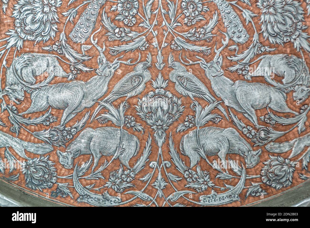 Engraved Iranian Tin on Copper Tray, Made in Esfahan, Iran, 1967-68. Stock Photo