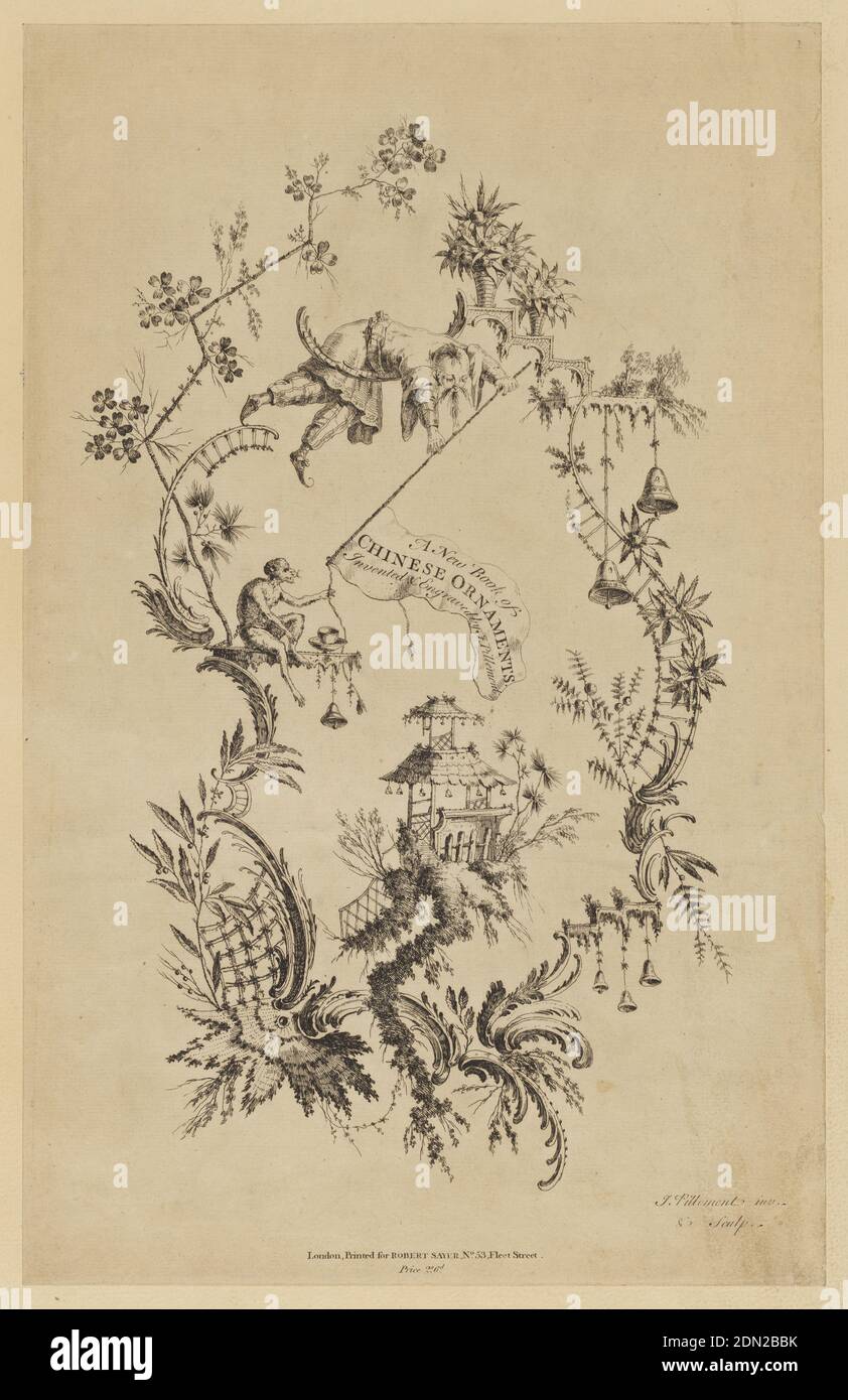 Title page, from 'A New Book of Chinese Ornaments', Jean-Baptiste Pillement, French, 1728–1808, Etching on paper, Chinoiserie escutcheon in which a man leaning over a crescent and a monkey hold a banner with the title over a pagoda., France, ca. 1750, Print Stock Photo