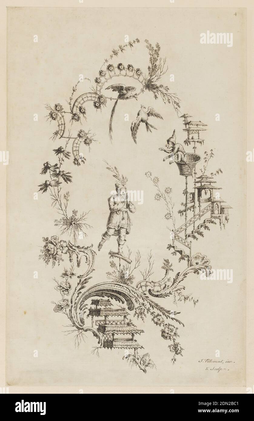 Plate 4, from 'A New Book of Chinese Ornaments', Jean-Baptiste Pillement, French, 1728–1808, Etching on paper, Chinoiserie eschutcheon with a figure with hands folded standing balanced on one foot. A monkey and two birds in the border., France, ca. 1750, Print Stock Photo