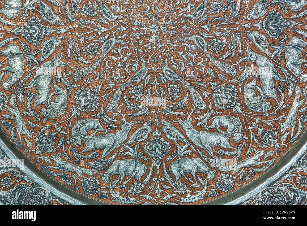 Engraved Iranian Tray, Made in Esfahan, 1968. Stock Photo