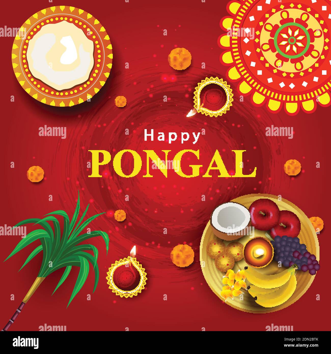 South Indian harvesting festival, Happy Pongal celebrations greetings with Pongal elements, sugarcane and plate of religious props. vector illustratio Stock Vector