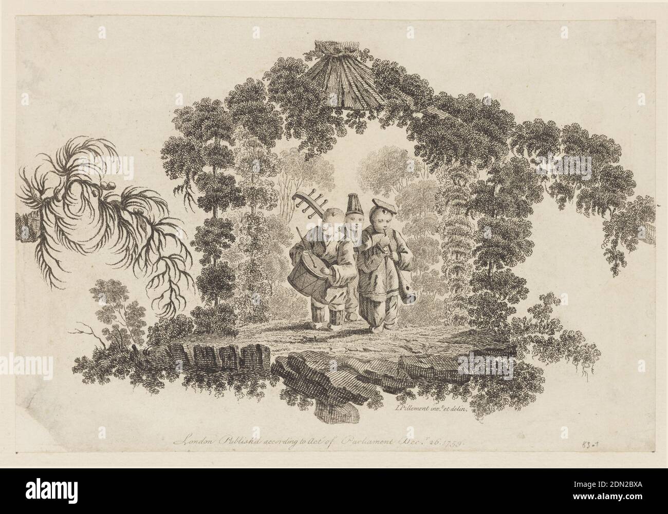 Three Figures Playing Musical Instruments, from 'Recueil de Plusieurs Jeux d'Enfants Chinois', Jean-Baptiste Pillement, French, 1728–1808, Pierre-Charles Canot, French, 1710 - 1777, Etching on paper, France, 1759, Print Stock Photo