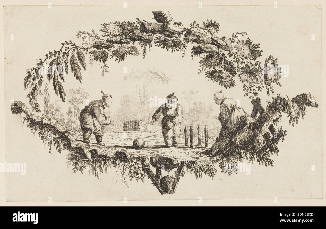 Three Figures Playing with a Ball, from 'Recueil de Plusieurs Jeux d'Enfants Chinois', Jean-Baptiste Pillement, French, 1728–1808, Pierre-Charles Canot, French, 1710 - 1777, Etching on paper, France, 1728-1777, Print Stock Photo