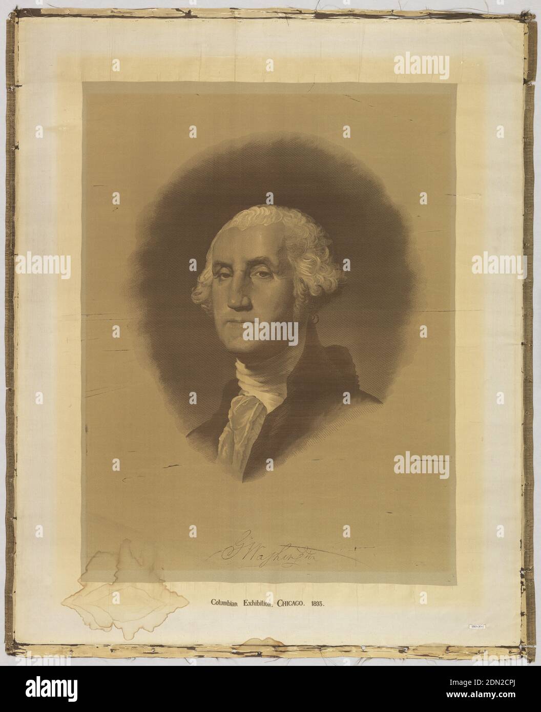 Woven portrait, Medium: silk Technique: jacquard woven, Portrait of George Washington after a painting by Gilbert Stuart. Woven in black, gray and beige on a white ground. Facsimile of a signature 'G Washington' woven at the bottom., Chicago, USA, 1893, woven textiles, Woven portrait Stock Photo