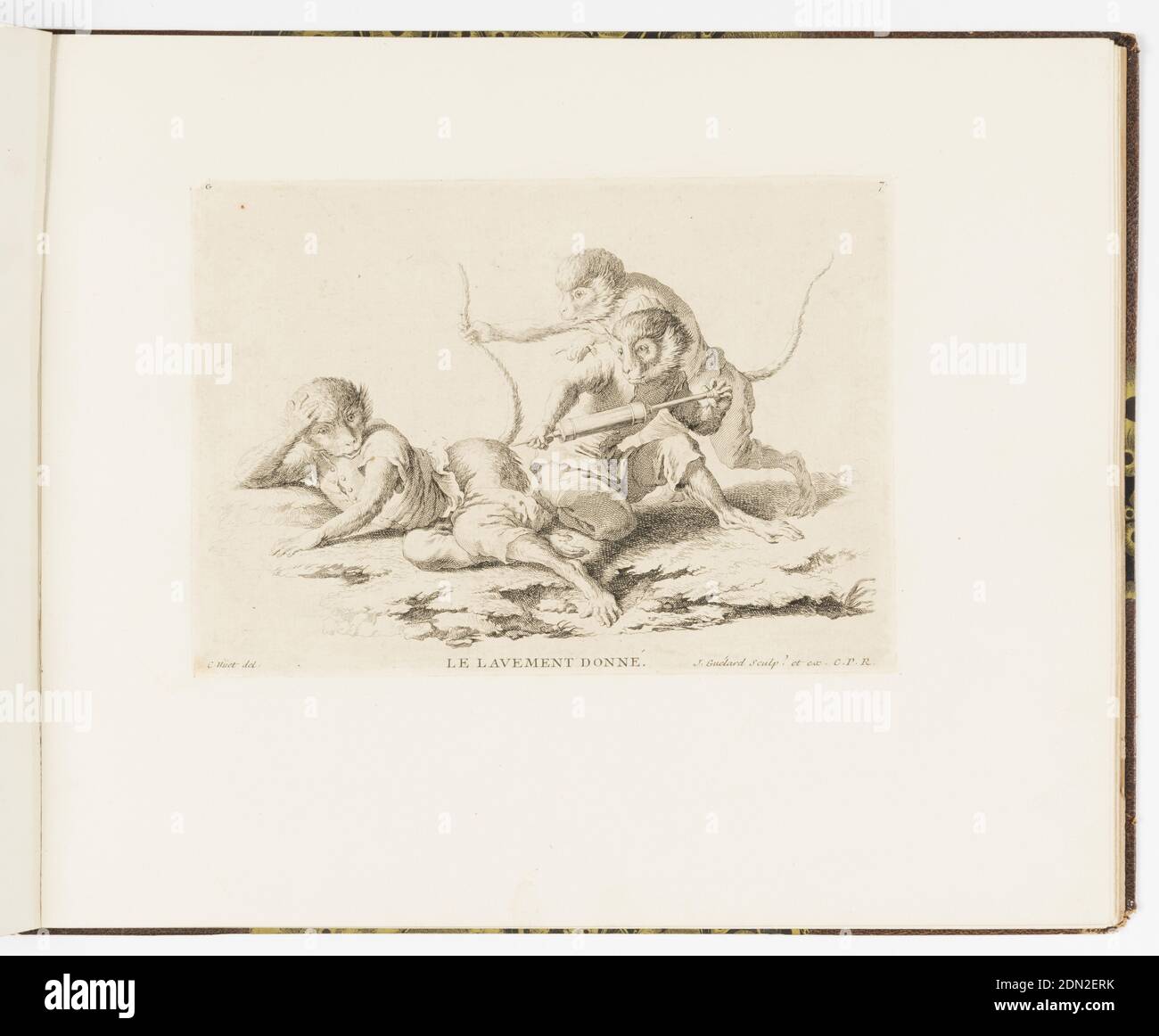 Plate 7, Le Lavement Donné (The Enema Given), Singeries ou différentes actions de la vie humaine représentées par des singes (Monkey Antics or Different Actions of Human Life Represented by Monkeys), Christophe Huet, French, 1700–1759, Jean-Baptiste-Antoine Guelard, French, 1719–ca. 1755, Charpentier, Paris, France, Etching on paper, Plate 7 of a series of 23 prints featuring monkeys acting as humans in various figural scenes. In outdoor setting, a group of three monkey figures dressed in human costume. The monkey at left reclines with its rear end exposed. He holds his hand at his head Stock Photo