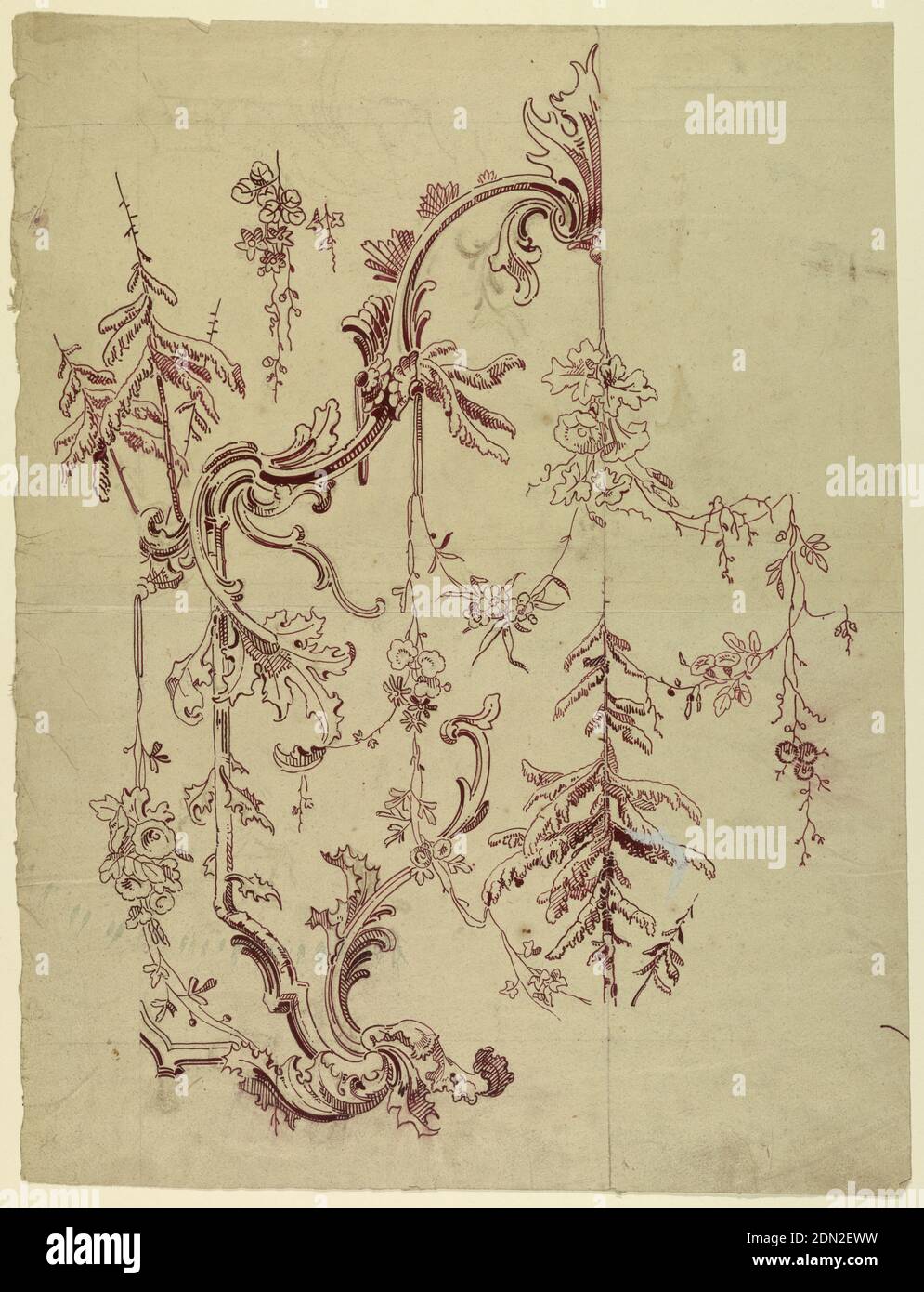 Design for a Woven or Printed Fabric or Wallaper, Graphite, brush and purple watercolor on paper, Escutcheon in Neo-Rococo style with evergreens and festoons of flowers. The left half of an escutcheon and part of the plant design are shown. Verso: graphite lines and blotters of crayon sketches of escutcheons., France, 1815–1840, Drawing Stock Photo