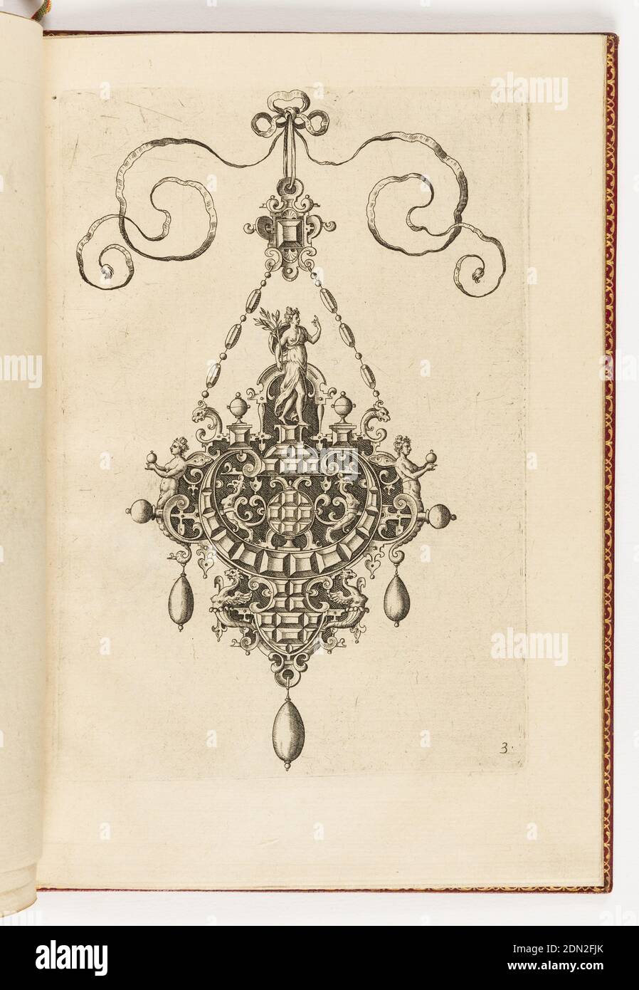 Plate 3, from Monilium Bullarum Inauriumque Artificiocissimae Icones, Ioannis Collaert Opus Postremum (Designs for Necklaces, Pendants and Earrings of the Highest Skill, the Final Work by Joannis Collaert), Hans Collaert the Elder, Flemish, ca. 1530 - 1581, Philips Galle, Flemish, 1537 - 1612, Engraving on paper, laid and gilded, A pendant suspended from a ribbon with a bow knot. Strapwork forms a cruciform cartouche with three drop pearls. Details include griffins and faceted jewels., Antwerp, Belgium, 1581, ornament, Print Stock Photo
