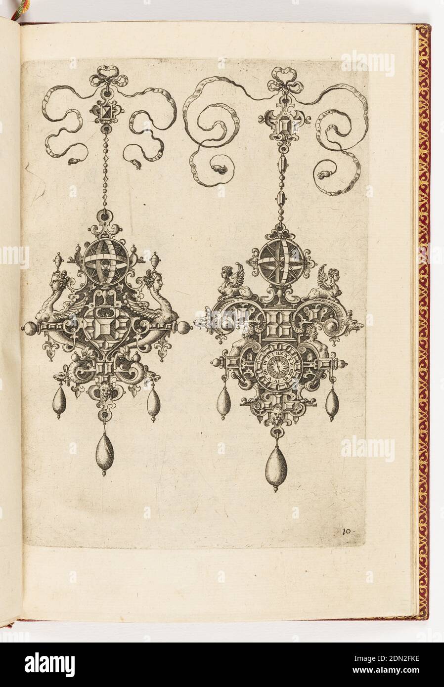 Plate 10, from Monilium Bullarum Inauriumque Artificiocissimae Icones, Ioannis Collaert Opus Postremum (Designs for Necklaces, Pendants and Earrings of the Highest Skill, the Final Work by Joannis Collaert), Hans Collaert the Elder, Flemish, ca. 1530 - 1581, Philips Galle, Flemish, 1537 - 1612, Engraving on paper, laid and gilded, Two designs for pendant suspended from ribbons with a bow knots. Strapwork forms the pendant cartouches. Each has three drop pearls, and an astrolabe flanked by griffins. The design at right includes a clock., Antwerp, Belgium, 1581, ornament, Print Stock Photo