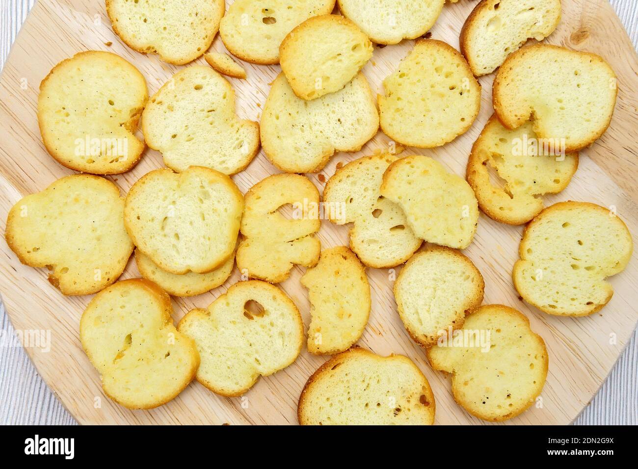 Croutons background, texture from small pieces of dried bread. Top view