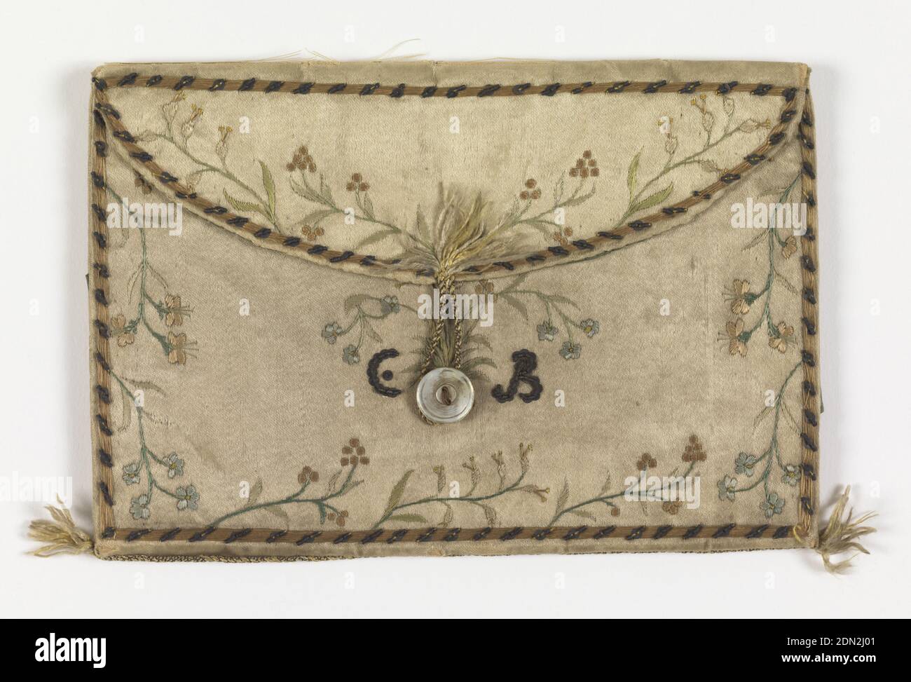 Card case, Medium: silk, metallic thread, pearl button Technique: embroidered, Silk-covered case ornamented with small flowers and the initials 'C.B.' in silks and metallic-thread embroidery. Fastens with pearl button and loop. Green silk lining., France, 18th century, costume & accessories, Card case Stock Photo