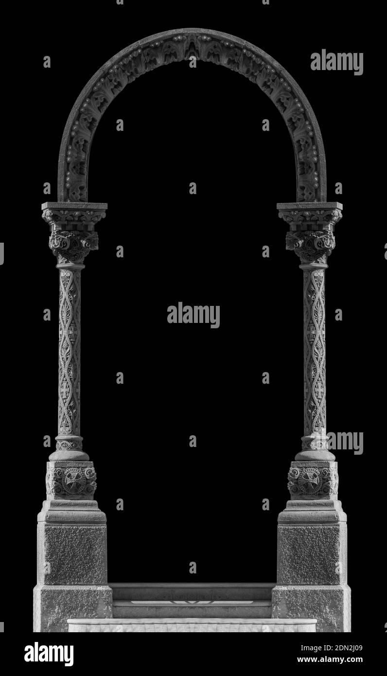 Elements of architecture of buildings, ancient arches, columns, windows and apertures. On the streets in Catalonia, public places. Stock Photo