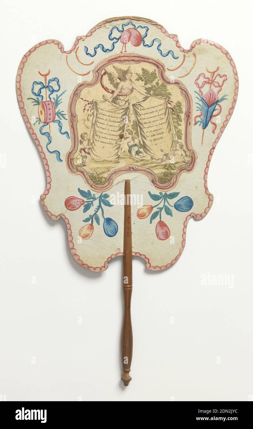 Handscreen, Engraved, hand-colored, and painted paper leaf, turned wood handle, Handscreen. Hand-colored engraving on board. Obverse: a scrolling rocaille border, a female figure with mirror representing ‘perfect work’, a young and old angel, each displaying a page praising Louix XV for his decision to found a military school. Reverse: hand painted border motifs, appliquéd paper printed with French text concluding with: Le juste detest la discorde. Turned wood handle., France, 1751–1774, costume & accessories, Handscreen Stock Photo