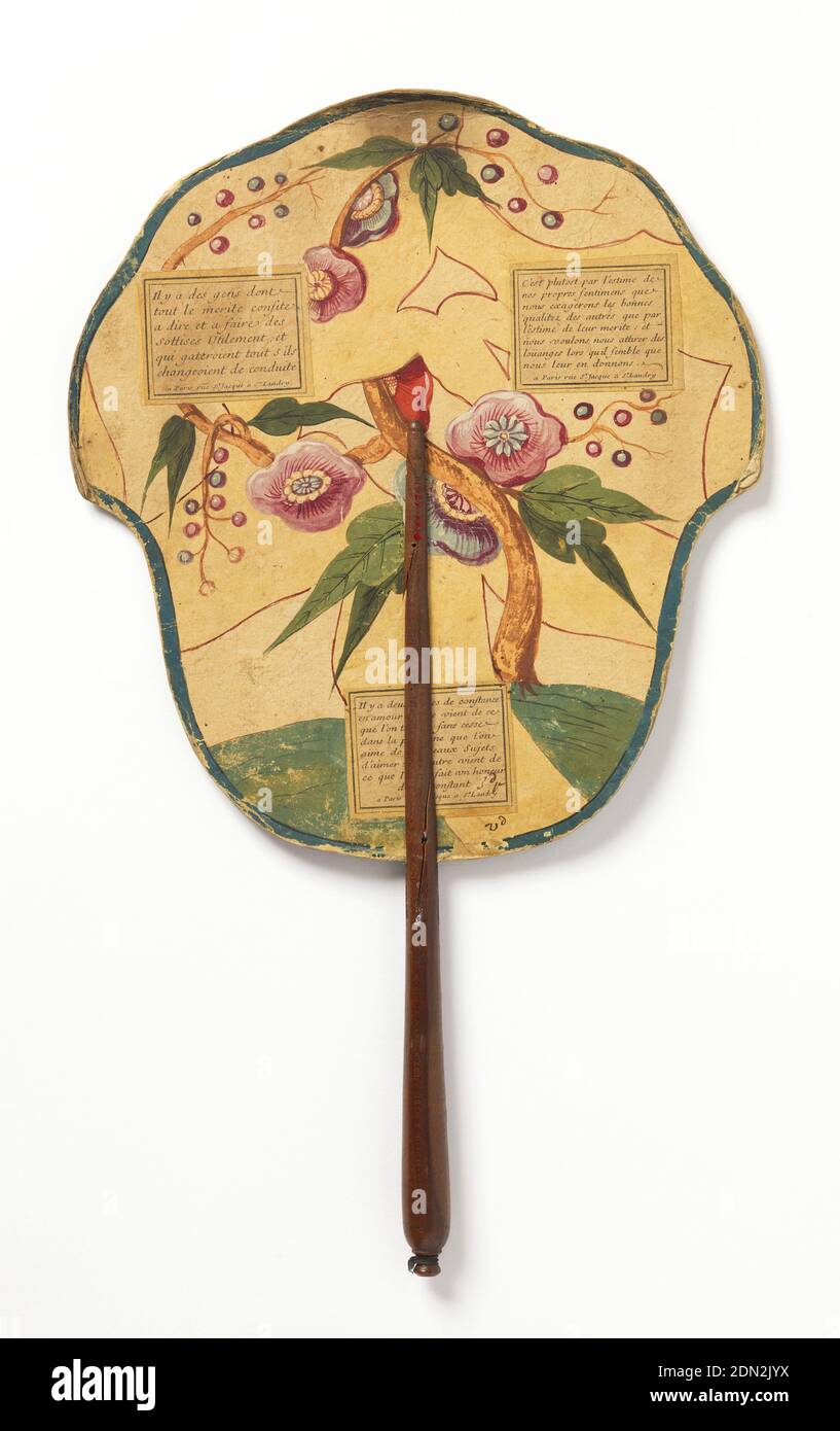 Handscreen, Painted paper leaf, turned wood handle, Handscreen with hand-painted paper leaf and turned wood handle. Obverse: interior scene showing man seated before fire receiving game and food offerings from visitors; in the foreground, a woman releases birds from a cage. Reverse: paper painted with flowers, with three applied engravings showing French text on paper., France, 18th century, costume & accessories, Handscreen Stock Photo