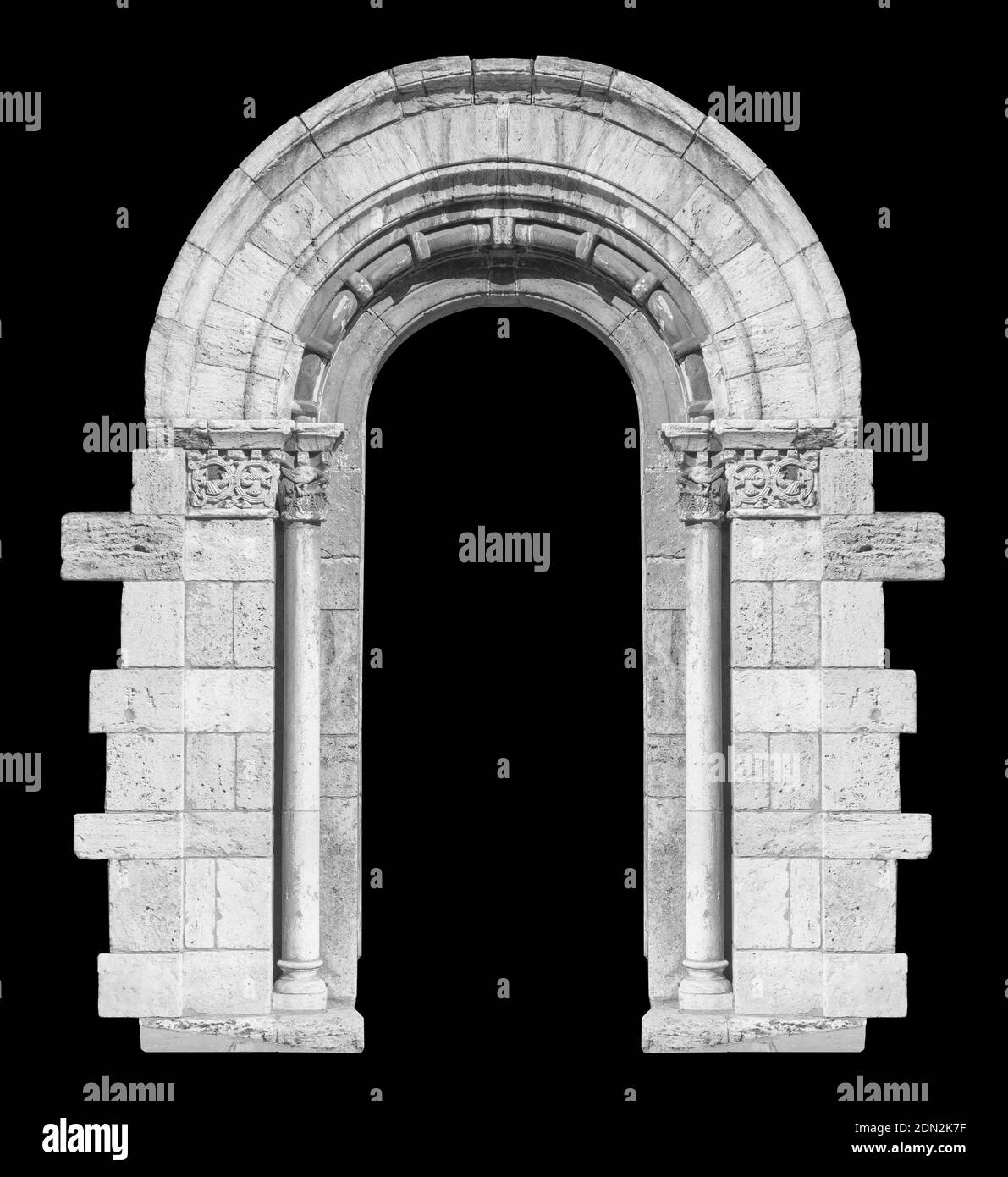 Elements of architecture of buildings, ancient arches, columns, windows and apertures. On the streets in Catalonia, public places. Stock Photo