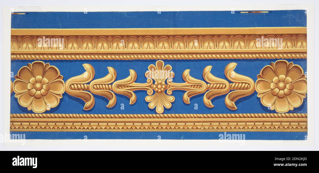 Border, Block-printed on handmade paper, Architectural frieze in simulated relief or ormolu, with leaf-and-tongue and cable moldings above lotus rosettes and budding lotus shoots. Below, printed separately and applied, cable molding and cyma reversa. Horizontal rectangle., France, 1810–20, Wallcoverings, Border Stock Photo