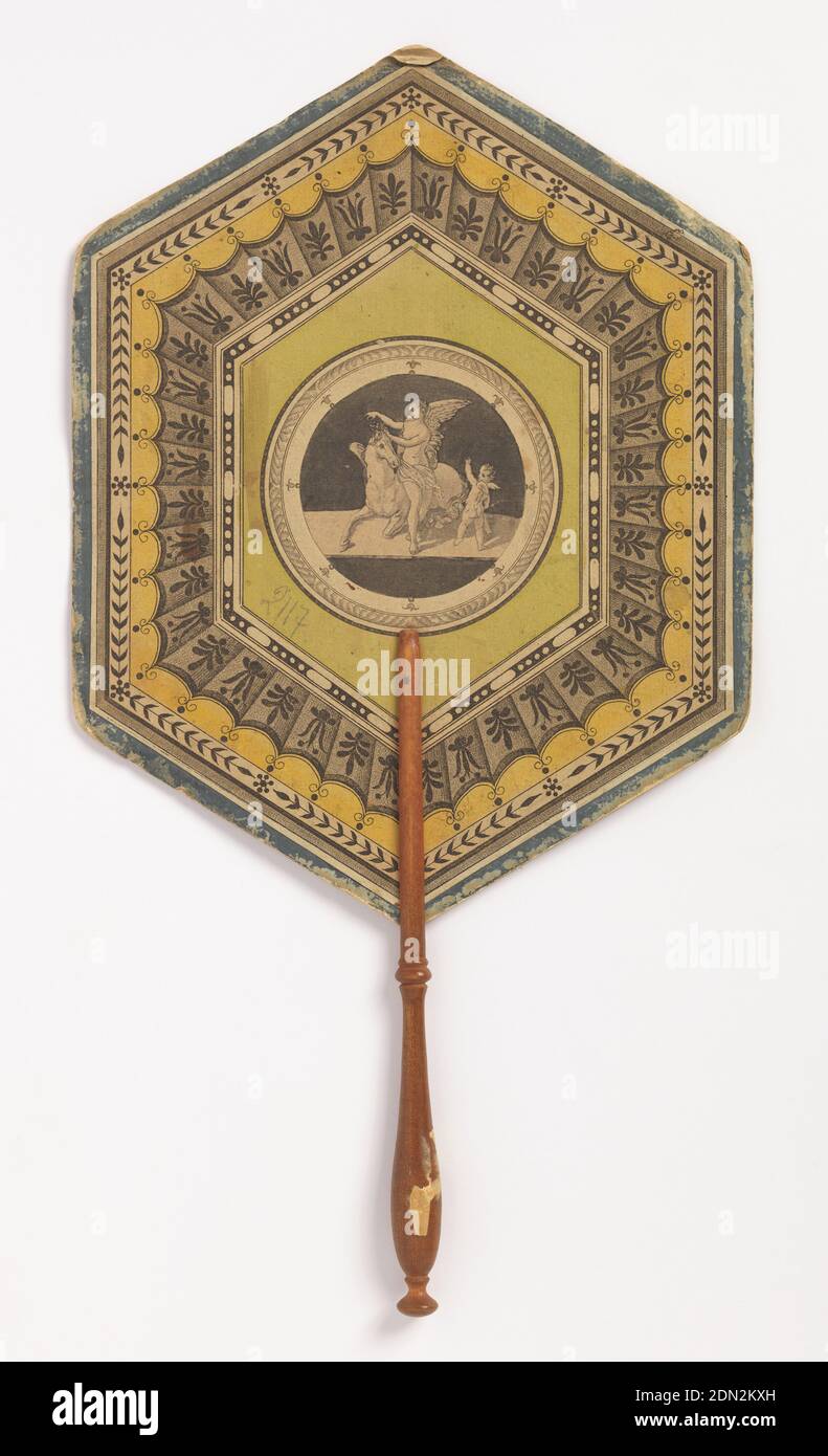 Handscreen, Paper leaf printed by lithography, turned wood handle, Handscreen with hexagonal leaf and turned wood handle. Applied round lithograph in center of a satyr in turqoise on a black ground, surrounded by diamond-shaped and hexagonal frames with floral and geometric ornament., early 19th century, costume & accessories, Handscreen Stock Photo