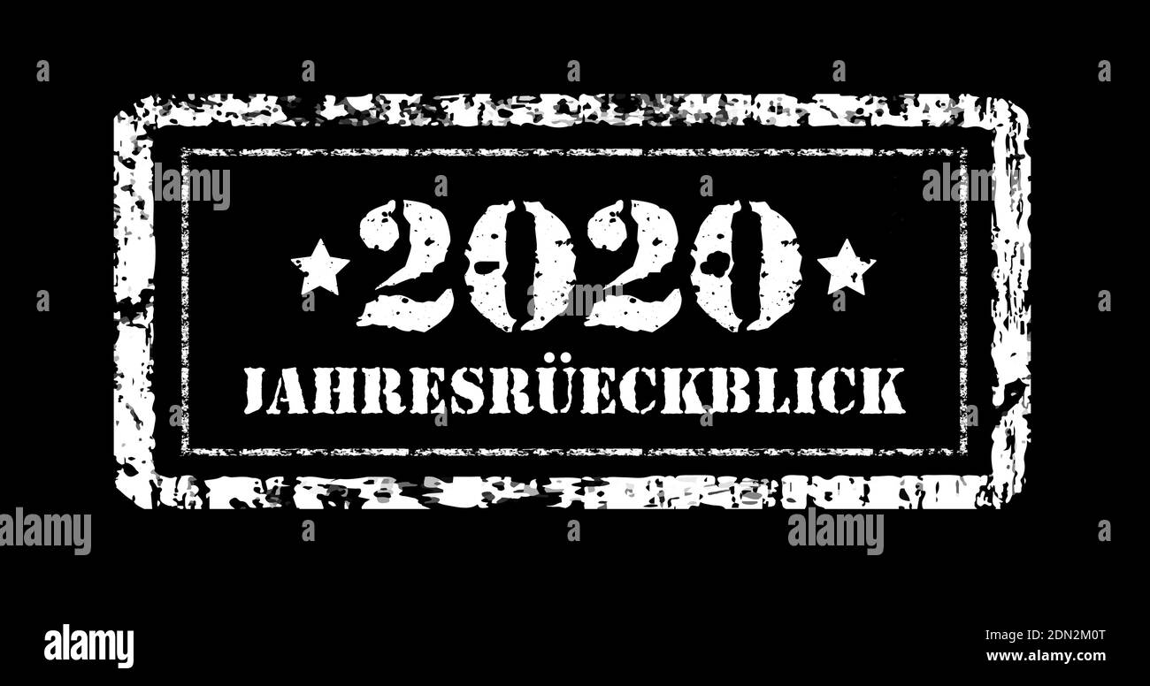 Jahresruckblick 2020. Review of the year, stamp. German text. Annual report. Vector illustration on black Stock Vector