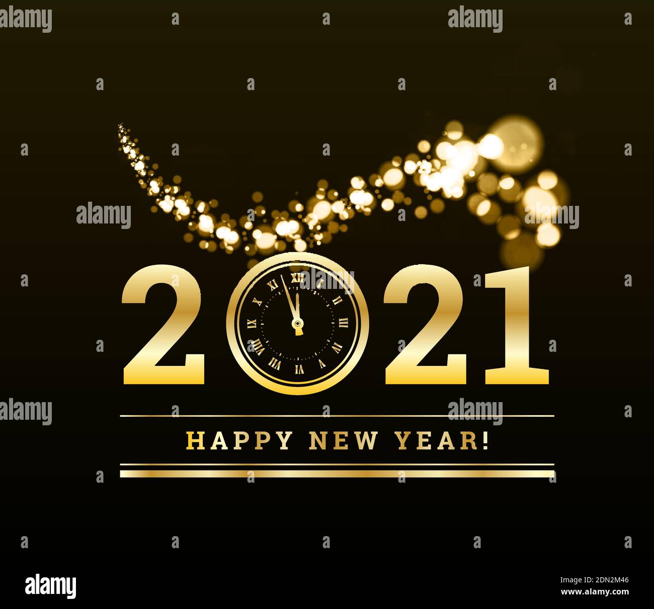 Happy New Year 2021 with gold particles and a clock in the number zero. Vector golden illustration on a dark background. Stock Vector