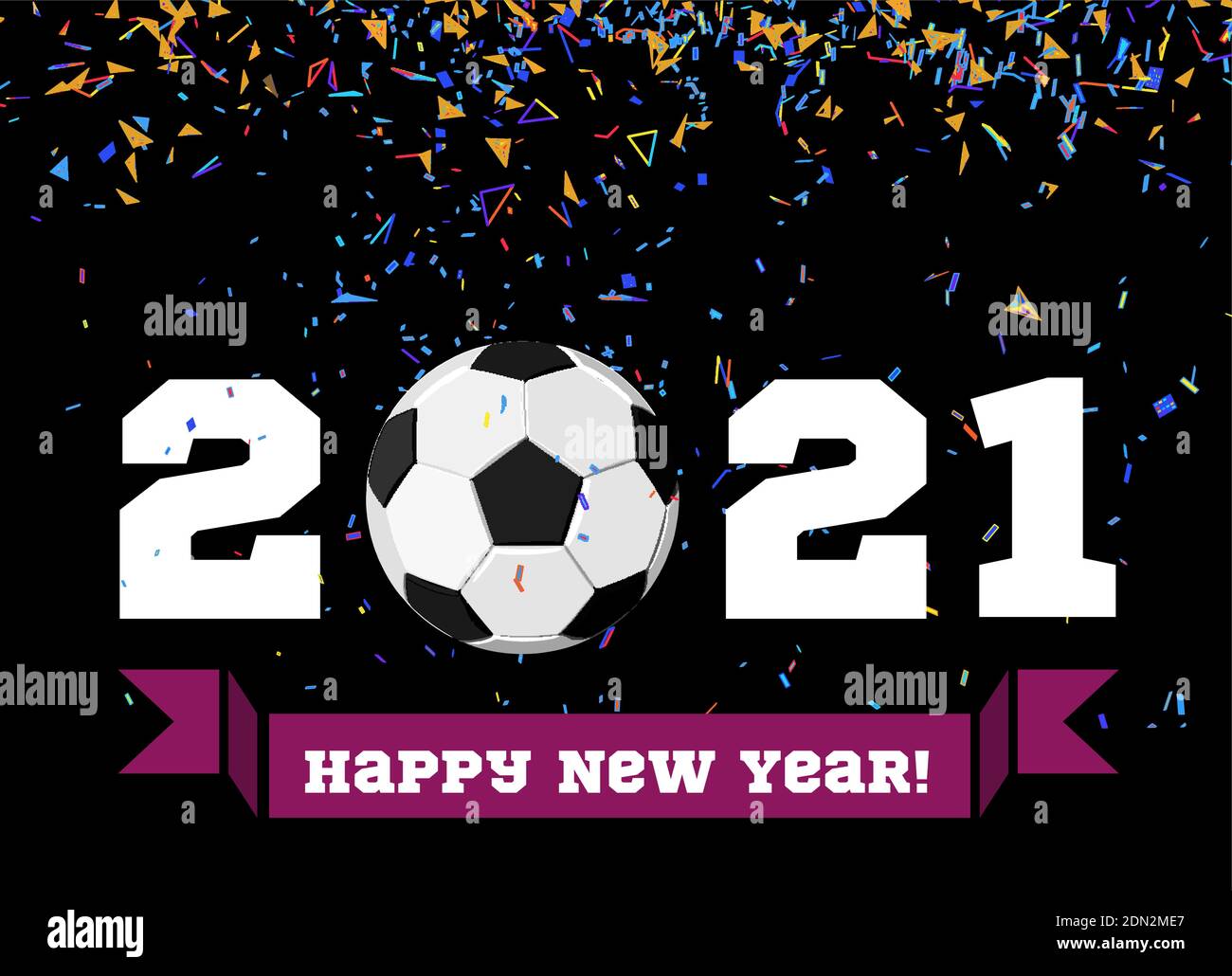 Happy New Year 2019 with football ball and confetti on the background. Soccer ball illustration on black Stock Vector