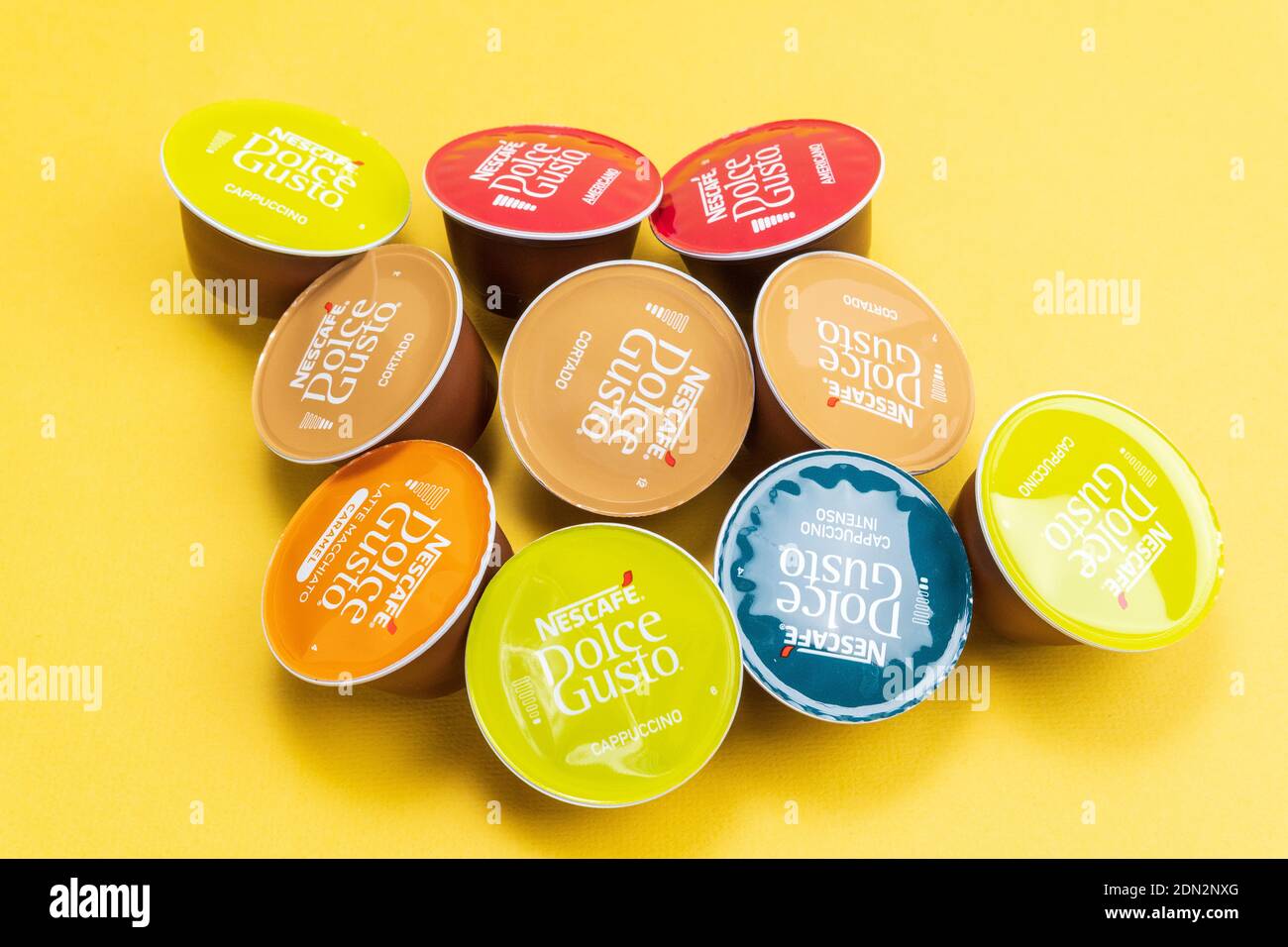 Tyumen, Russia-December 10, 2020: Nescafe Dolce Gusto coffee capsules,  close up. on a yellow background Stock Photo - Alamy