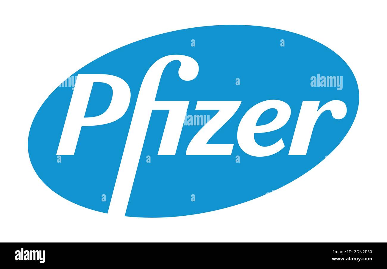 Pfizer Vector Logo - Latest Blue Color - American pharmaceutical corporation that research and development vaccines and medical products. Pharmacy lab Stock Vector