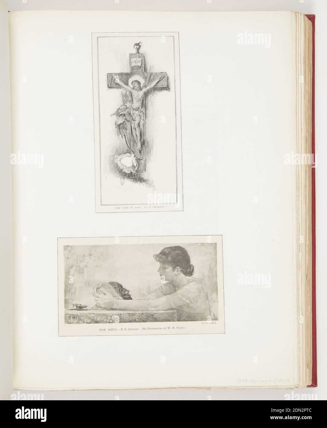 Ephemera, Printed in black ink on paper, Above, article clipping from The Century Illustrated Monthly Magazine, on American etchers. Jesus on the cross, with giant white rose hanging next to him., USA, 1883, figures, Ephemera Stock Photo