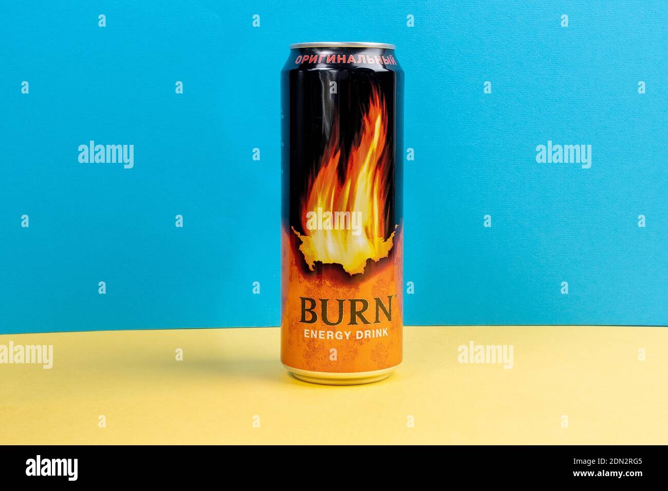 Tyumen, Russia-December 10, 2020: Can of Burn Energy Drink Original. drink  owned and distributed by The Coca-Cola Company Stock Photo - Alamy