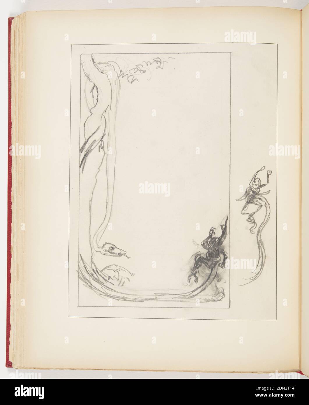 Sketch for “The Chimpanzee and the Boa Constrictor” in “Fables, Out of This World”, Graphite on paper, Left, tree with large snake wrapped around the trunk of the tree, head at the bottom of the trunk, profile facing right. Center left, tail of snake wrapped around creature, creature’s back is seen; left, tail of snake wrapped around creature, creature seen from the front., USA, ca. 1877, animals, Ephemera, Ephemera Stock Photo