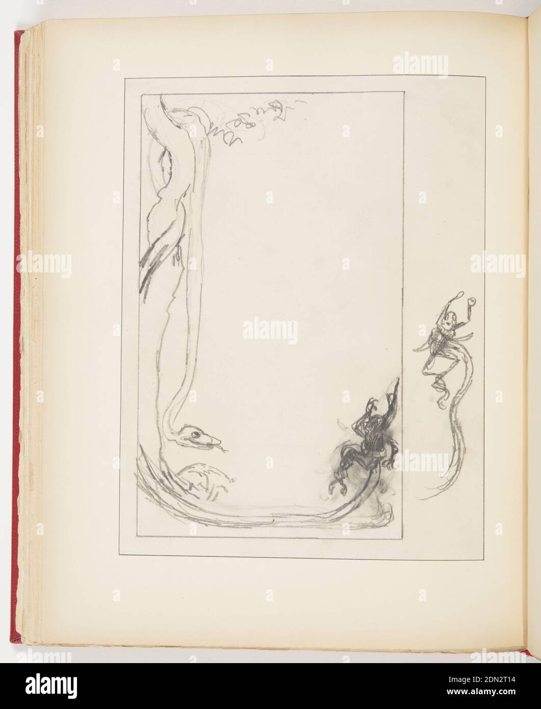 Sketch for “The Chimpanzee and the Boa Constrictor” in “Fables, Out of This World”, Graphite on paper, Left, tree with large snake wrapped around the trunk of the tree, head at the Sketch for “The Chimpanzee and the Boa Constrictor” in “Fables, Out of This World”, Graphite on paper, Left, tree with large snake wrapped around the trunk of the tree, head at the