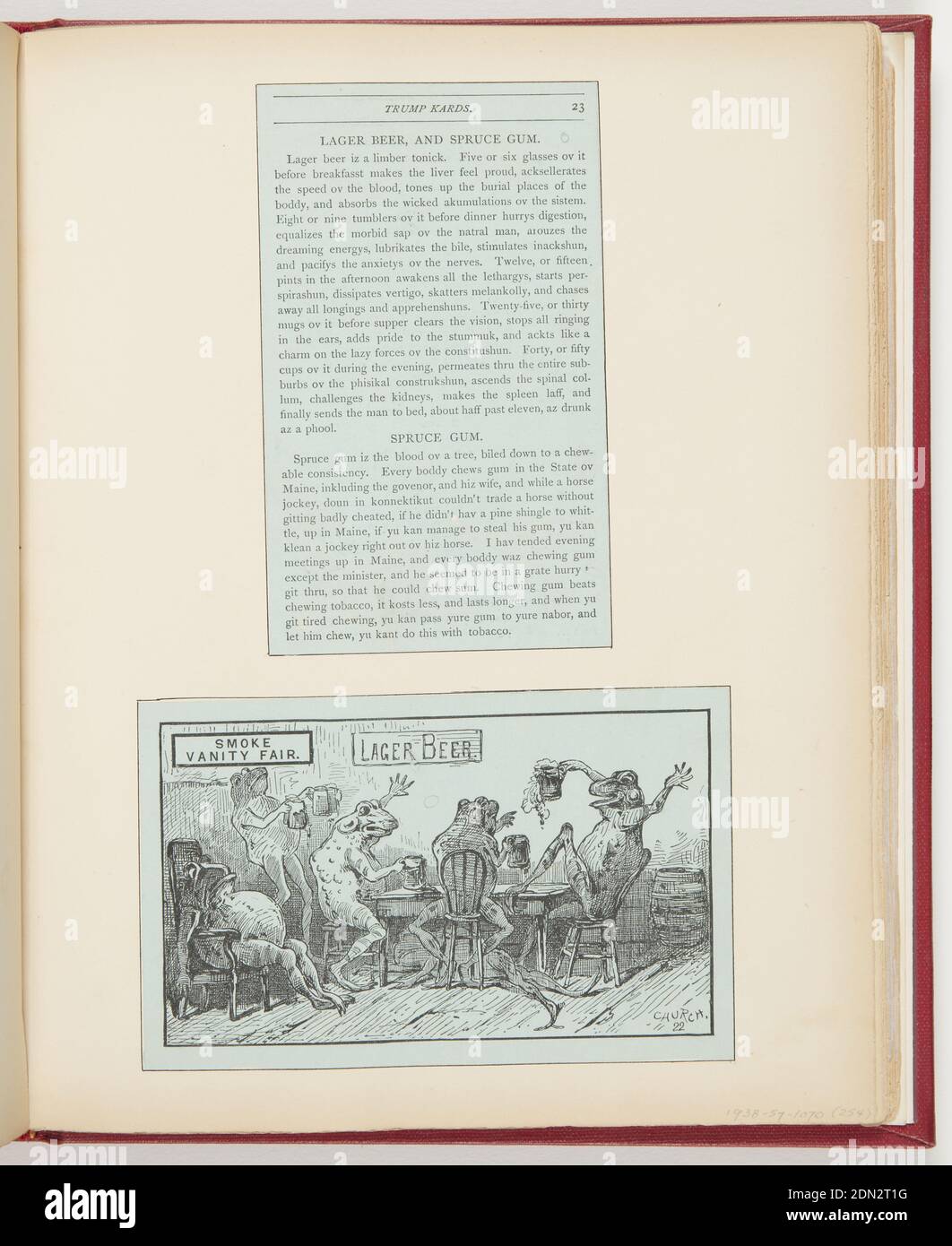 Larger Beer, and Spruce Gum, Printed in black ink on blue paper, Top, short story on large beer and spruce gum. Bottom, frogs at a pub. Left, frog with protruding stomach, slumped on chair; behind, frog with two beers foaming. Center, three frogs sitting at a table with beers in hand., USA, 1877, albums (bound) & books, Ephemera, Ephemera Stock Photo