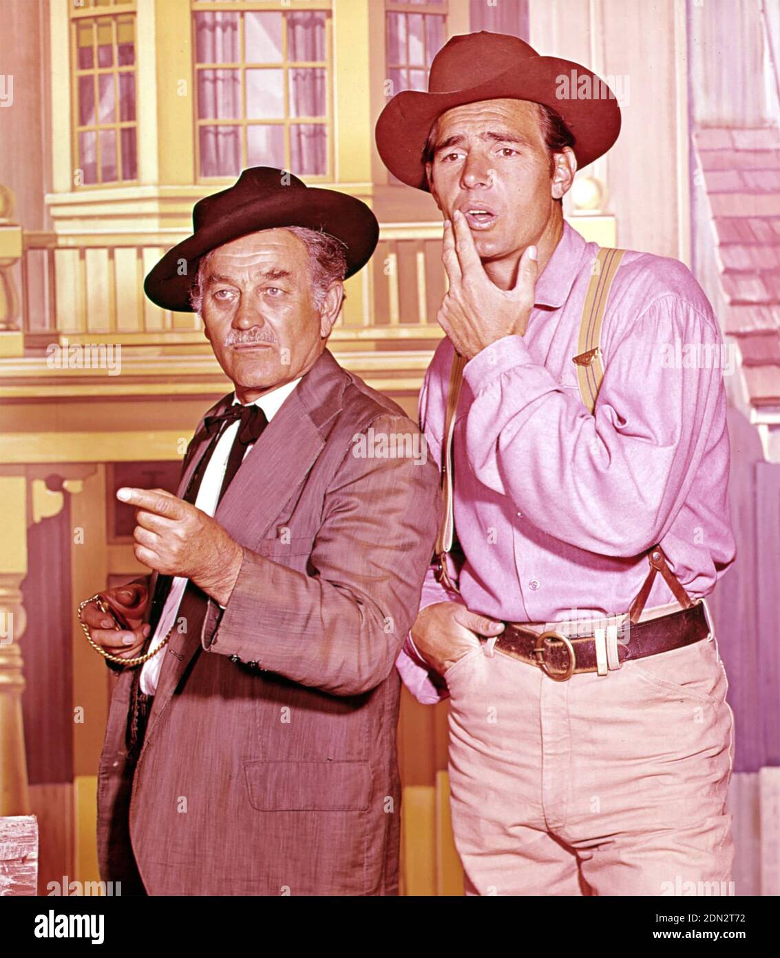 GUNSMOKE CBS TV series 1955-1975 with Dennis Weaver at right as Chester Goode and Milburn Stone as Dr. Galen Adams  about 1967 Stock Photo