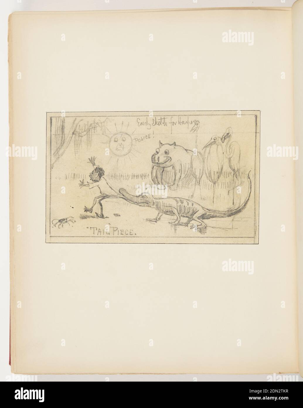 Sketch for 'Tail Piece' in 'Trump Kards', Graphite on paper, Background, upper left, sun, surprised, yelling police; right, group of animals watching boy and alligator, hippo and cranes. Foreground, profile of young child facing left, with arms outstretched, as if surprised; right, alligator pulls the bottom of child’s shirt. Lower left, sketch of smiling crab., USA, 1877, animals, Ephemera, Ephemera Stock Photo