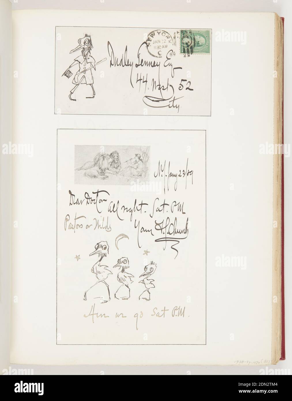 Letter to Dr. Dudley Tenney, Pen and black ink on paper, Top; front of envelope addressed to Dudley Tenney; left, bird dressed in coat with top and cane in hands. Bottom; letter addressed to Dr. Deadly; upper left, image of girl playing flute to group of lions, all sitting; lower center, three birds walking with moon and stars above., USA, 1889, ephemera, Ephemera, Ephemera Stock Photo