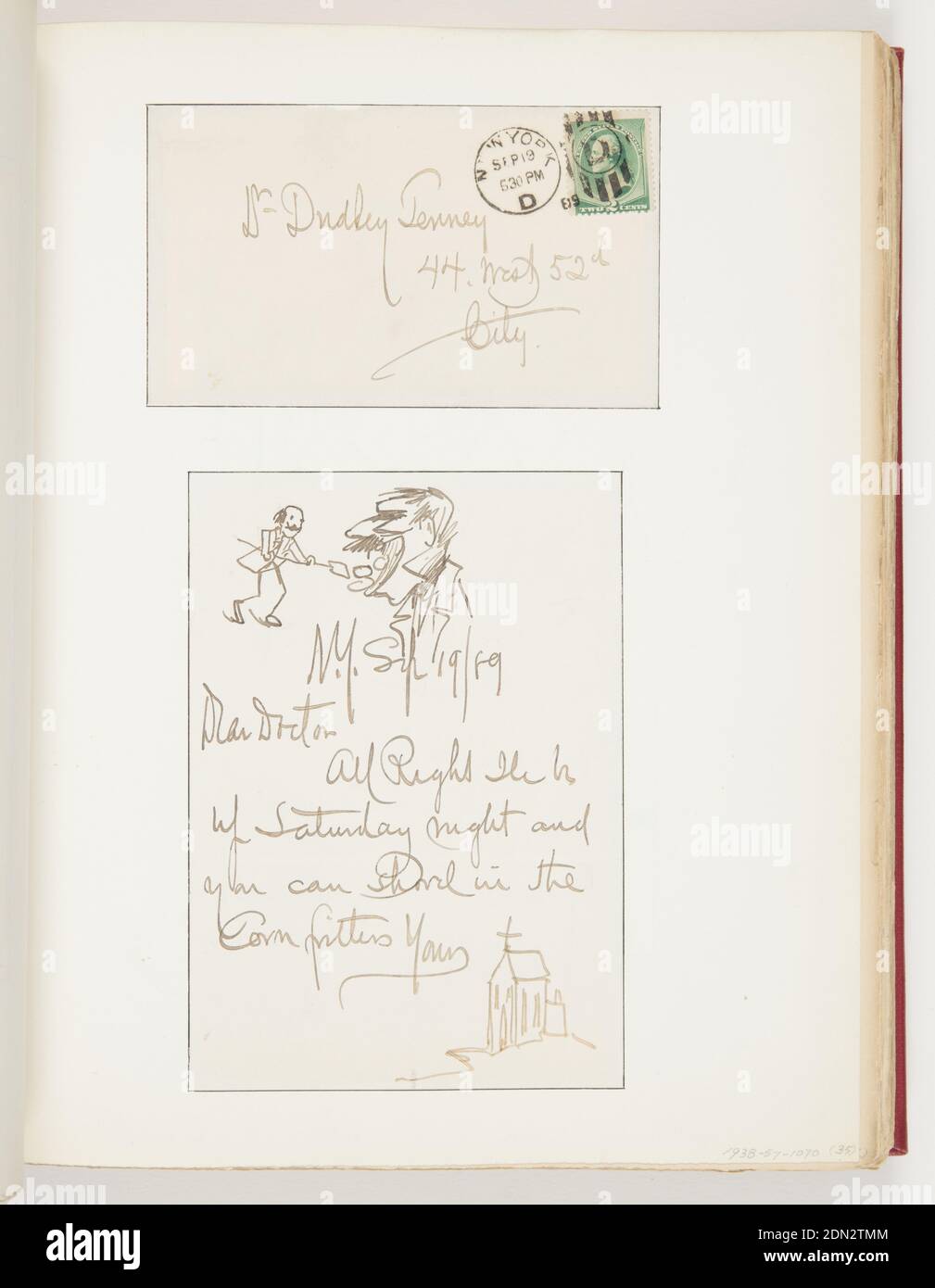 Letter to Dr. Dudley Tenney, Pen and black ink on paper, Top; envelope addressed to Dr. Dudley Tenney. Bottom; letter to Dr. Dudley Tenney; above picture of man shoveling objects into other man’s mouth, right. Lower right, sketch of church., USA, 1889, ephemera, Ephemera, Ephemera Stock Photo