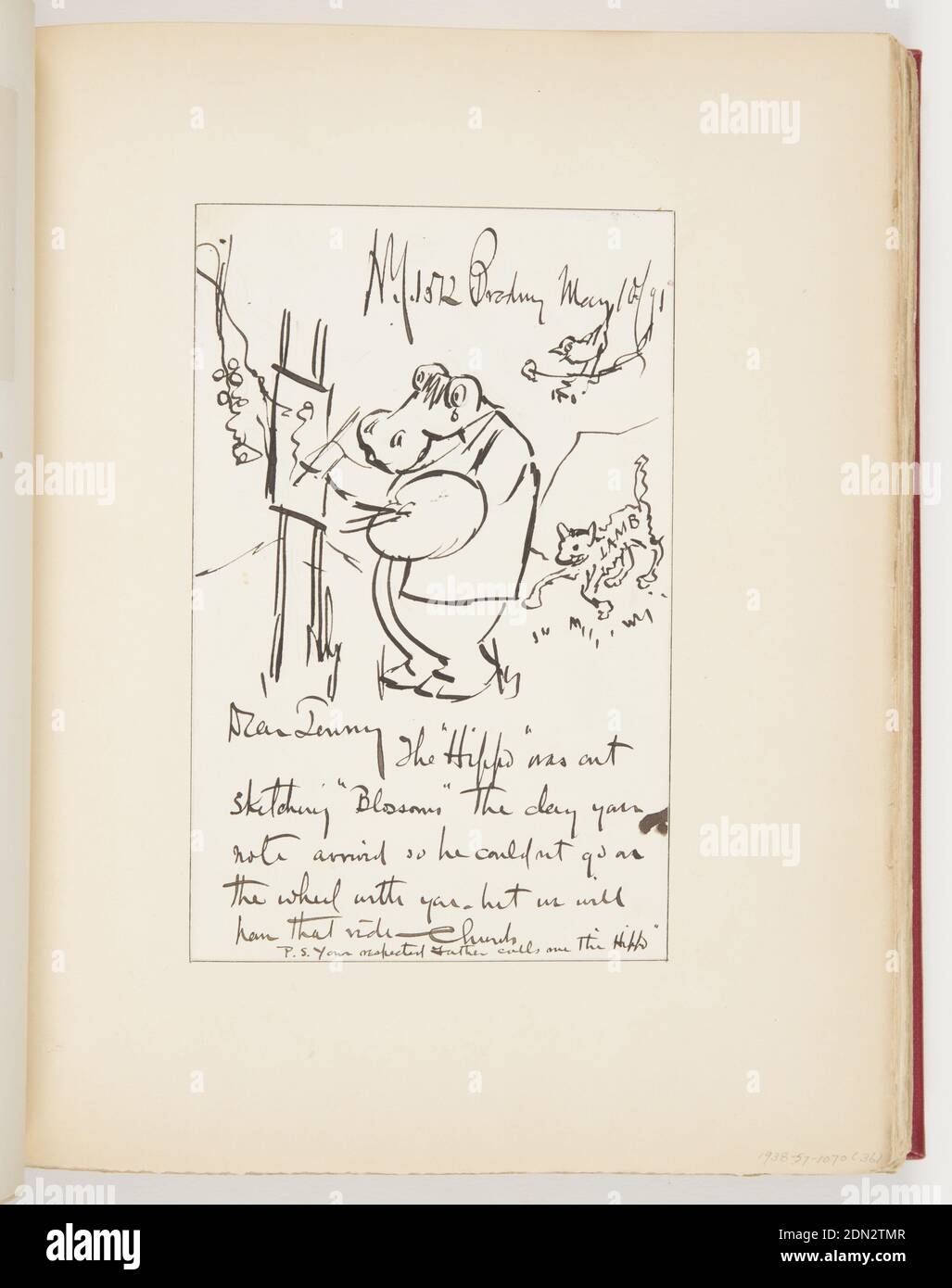 Hippopotamus Painting and Letter To Dr. Dudley, Pen and black ink on paper, Above; profile of a hippopotamus painting with brush on right hand and palette in left hand, easel in front; right, lamb; upper left, bird singing perched on a tree branch. Bottom, letter to Dr. Dudley Tenny, USA, 1895, ephemera, Ephemera, Ephemera Stock Photo