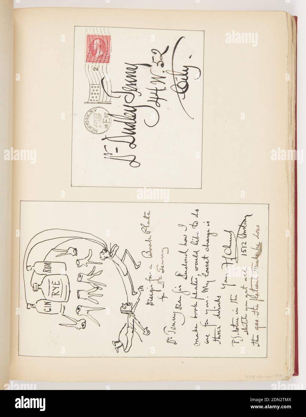 Letter to Dr. Dudley Tenney, Pen and black ink on paper, Top; front of envelope addressed to Dr. Dudley Tenney. Bottom; top, bottles of alcohol with labels, below various extracted teeth; center, left figure lays on ground, while right figure pulls a tooth attached to a string, right figure is drinking alcohol through straws. Below, letter., USA, 1897, ephemera, Ephemera, Ephemera Stock Photo