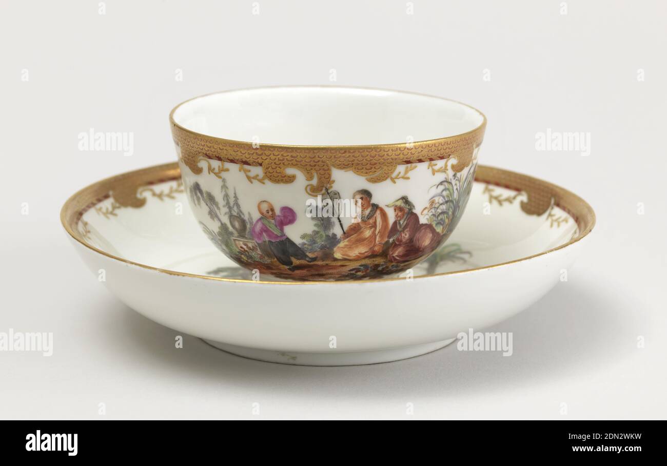 Cup and Saucer with Chinoiserie Vignettes, Royal Porcelain Manufactory, Berlin, German, established 1763, hard paste porcelain, vitreous enamel, gold, Germany, ca. 1770, ceramics, Decorative Arts, cup and saucer, cup and saucer Stock Photo