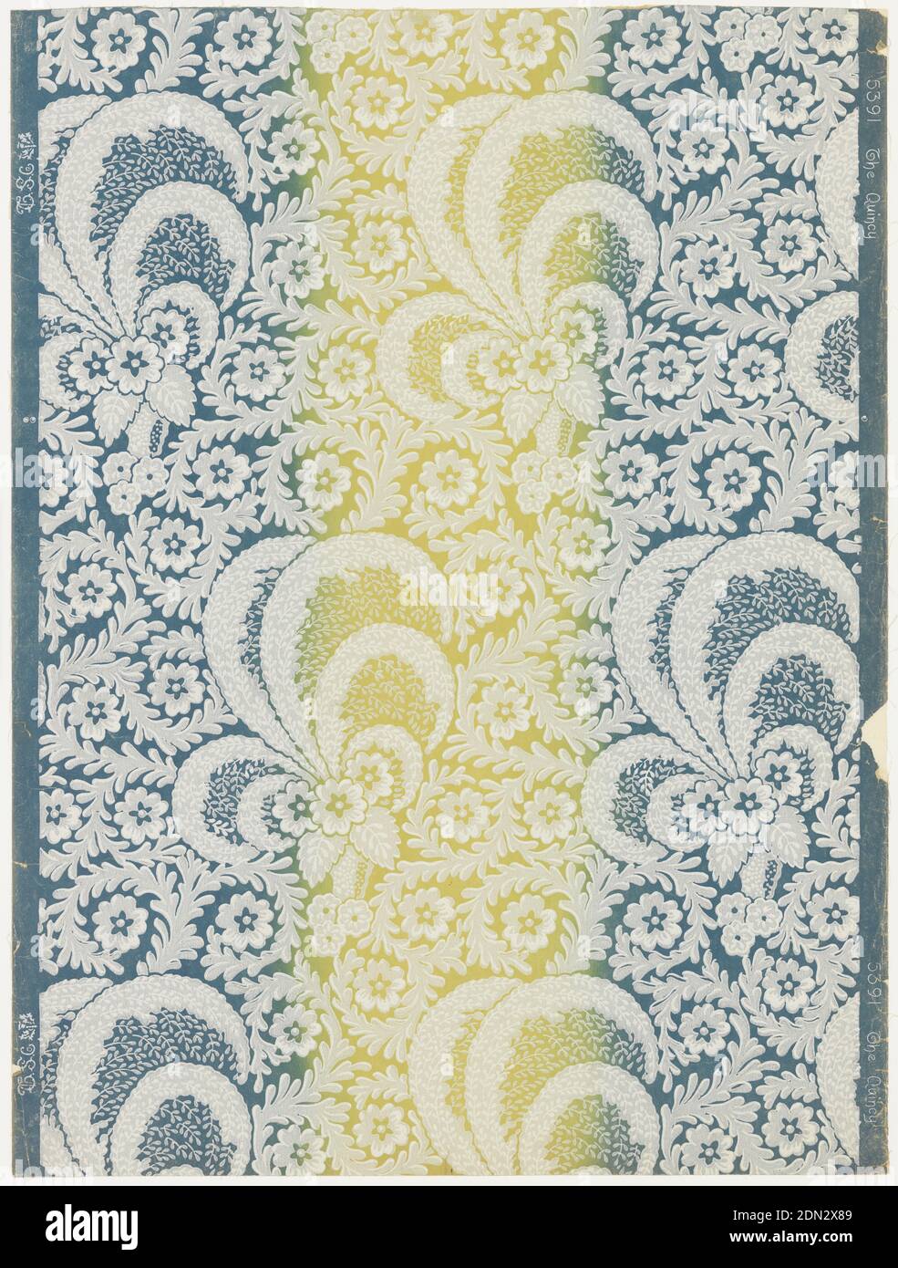 The Quincy, Thomas Strahan & Co., Manufactory, Machine-printed paper, Full width with nearly two repeats of design. Large clusters of flowers and wind-blown foliage, with space-filling scrolls of foliage and single flower-forms on smaller scale. Irise or rainbow ground varies from blue to yellow and back to blue, in vertical stripes. Printed in white on ground of blue, green and yellow., Chelsea, Massachusetts, USA, 1908, Wallcoverings, Sidewall, Sidewall Stock Photo
