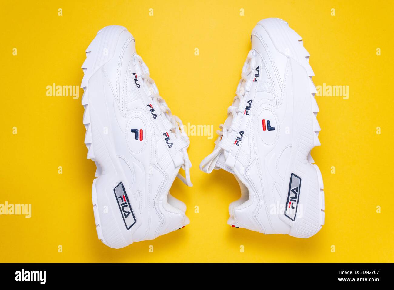 Tyumen, Russia-November 27, 2020: New Fila running shoes, white sneakers,  trainers shows logo Sport and casual footwear concept Stock Photo - Alamy