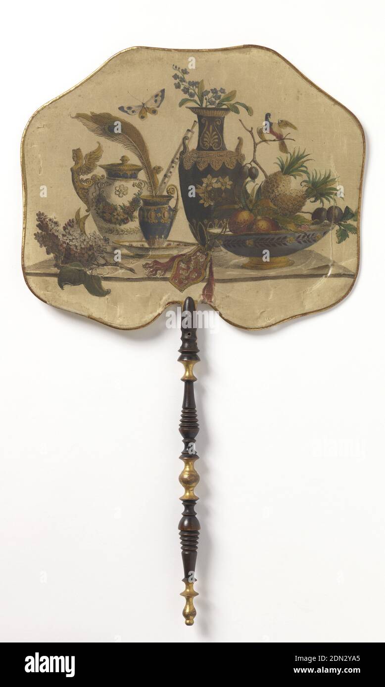 Handscreen, Printed silk leaf, turned and gilded wood handle, Handscreen with a wide, octogonal silk leaf printed with a still life of neoclassical pottery, fruits, birds and feathers in the late 18th century style. Turned and gilded wood handle., possibly France, late 19th century, costume & accessories, Handscreen Stock Photo
