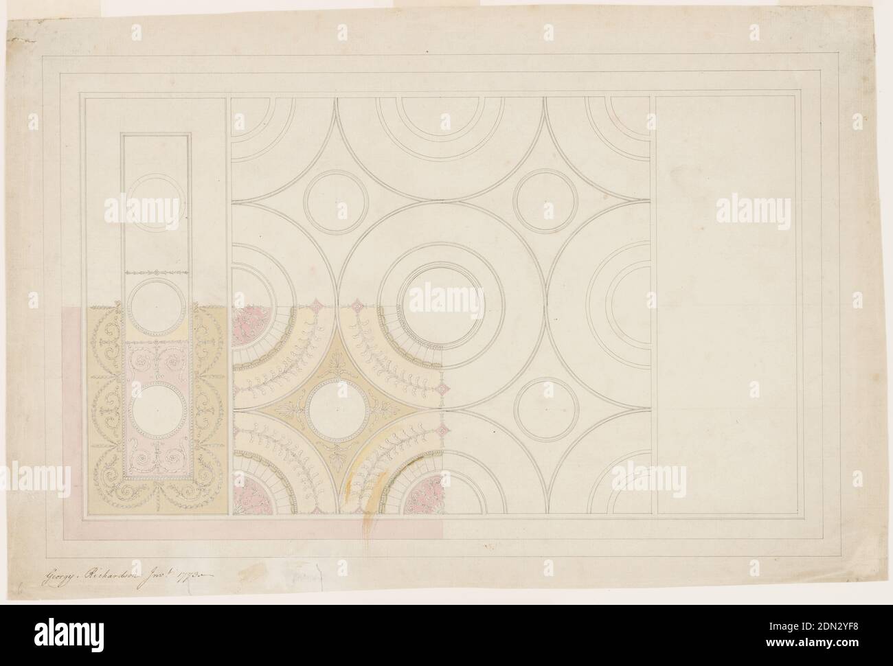 Design for an Oblong Ceiling, George Richardson, British, ca. 1736 - 1813, Pen and black ink, brush and watercolor, black chalk on paper, Horizontal format design for an oblong plaster ceiling. Shown are the scheme of the decorations of the central square and of the left sections and the decoration of the lower left quarter of the ceiling. Interlaced ribbons form in the central part one large circle and segments. They are subdivided in smaller circles., London, England, 1773, architecture, interiors, Drawing Stock Photo