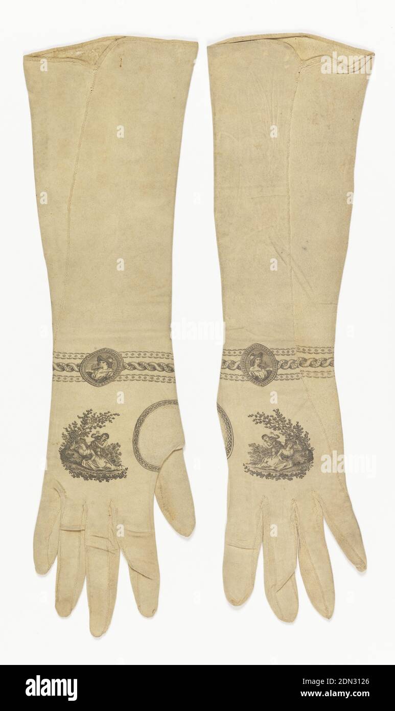 Woman's gloves, Medium: suede Technique: printed, Woman's long suede gloves printed in black ink. Small band of leaves around thumb piece; a country scene with boy and girl on back of hand; and, at the wrist, three bands with medallion showing boy's head. Inside right glove is a mark, now indecipherable except for the 'patent' and what appears to be a crowned shield with coat of arms supported by a lion and a unicorn., England, ca. 1820, costume & accessories, Woman's gloves Stock Photo