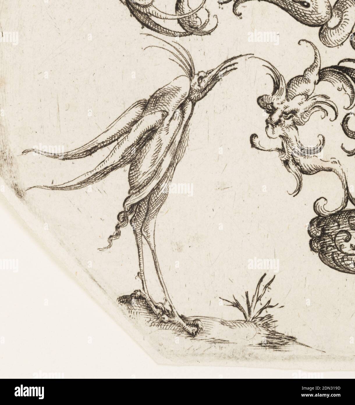 Plate 1, from Die Folge der phantastichen Scmucksträße (Suite of Fantastic Ornamental Bouquets), Wendel Dietterlin the Younger, German, active 1610–1614, Etching on laid paper, Octagonal print showing a nosegay plant; two grotesque head-monsters flank the bottom of the plant; symmetrical arabesque motif with creatures., Germany, 1614, ornament, Print Stock Photo