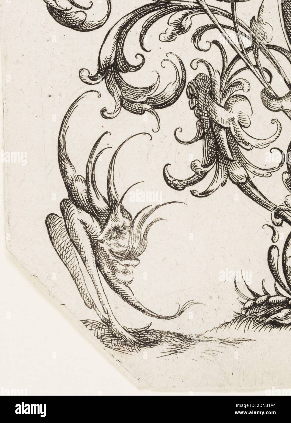 Plate 5, from Die Folge der phantastischen Schmucksträße (Suite of Fantastic Ornamental Bouquets), Wendel Dietterlin the Younger, German, active 1610–1614, Etching on laid paper, Two grotesque birds flank the vase from which the nosegay rises., Germany, 1614, ornament, Print Stock Photo