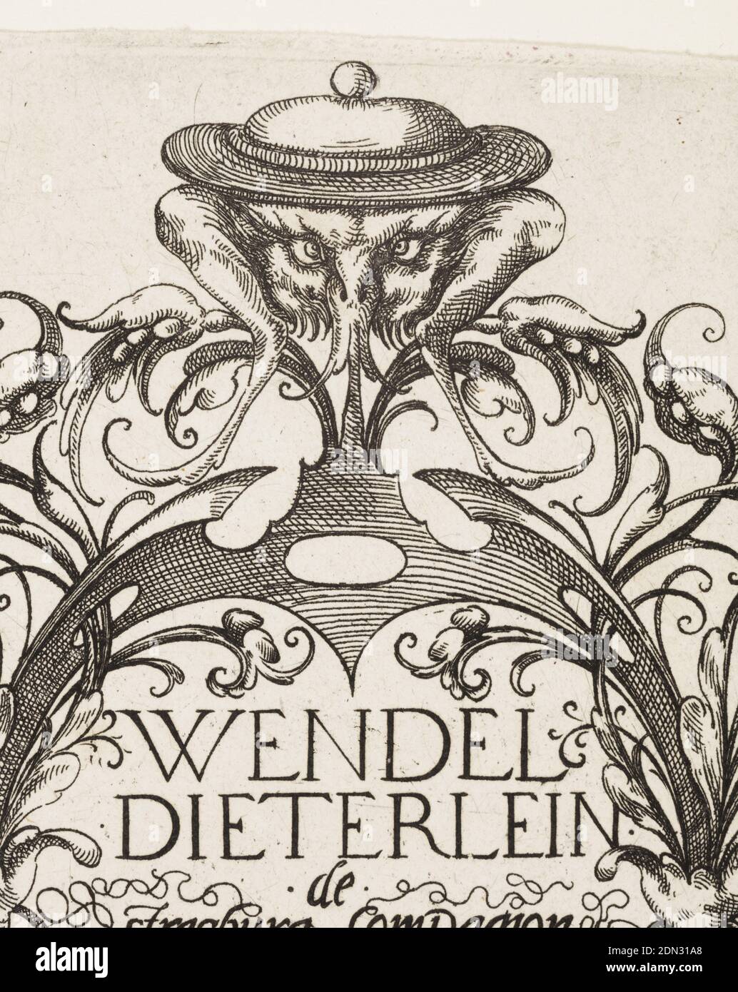 Plate 4, from Die Folge der phantastischen Schmucksträße (Suite of Fantastic Ornamental Bouquets), Wendel Dietterlin the Younger, German, active 1610–1614, Etching on laid paper, Octagonal; two grotesque birds flank the plant; symmetrical architectural arabesque motif with creatures., Germany, 1614, ornament, Print Stock Photo