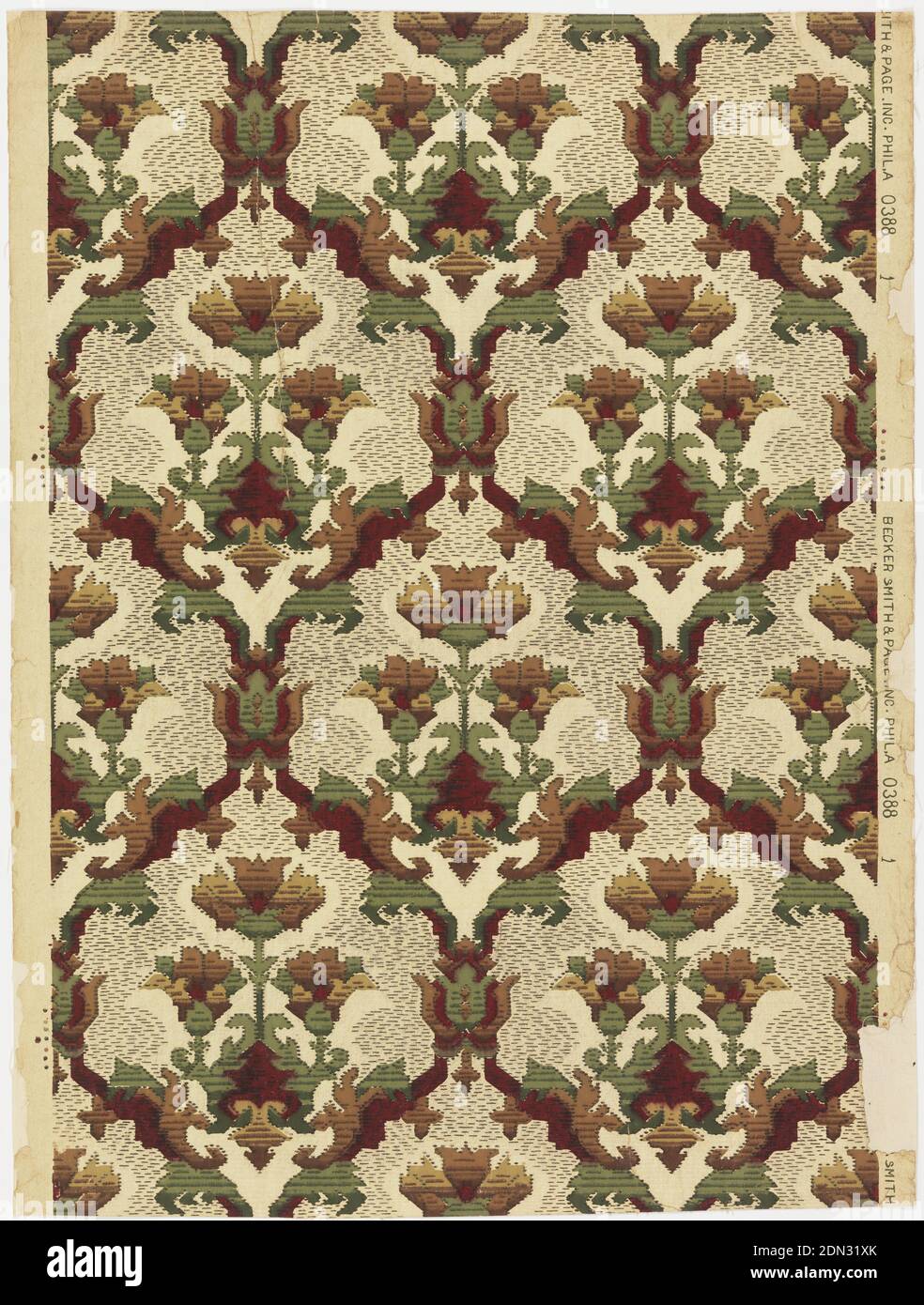 Sidewall, Becker, Smith & Page, Inc., founded 1899, Machine-printed, Conventionalized design. A trefoil effect of three flowers in brown and red growing on straight, upright stems, enclosed in a four-sided, diamond shaped or diaper framework of foliage. Portions of background consist of short, irregular, broken lines in black giving the effect of a woven fabric showing the woof [sic] threads running horizontally. On selvedge is printed: 'Becker, Smith & Page, Inc. Phila. - 0388'., Philadelphia, Pennsylvania, USA, 1900–1910, Wallcoverings, Sidewall Stock Photo