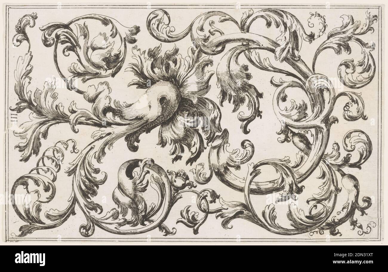 Leaf from an ornament suite of arabesques, Black ink on paper, Design for ornamental leaf arabesques, Italy, ca. 1730, ornament, Print Stock Photo